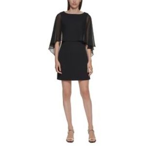 CALVIN KLEIN Black fitted sheath dress with Chiffon Cape Overlay size 8